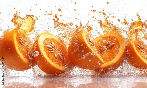 vibrant orange slices with water splashes on white background