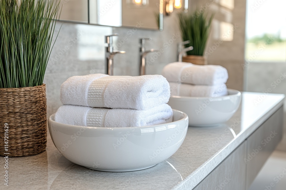 A modern bathroom setting featuring neatly stacked towels and decorative plants. A modern bathroom setting featuring neatly stacked towels and decorative plants.