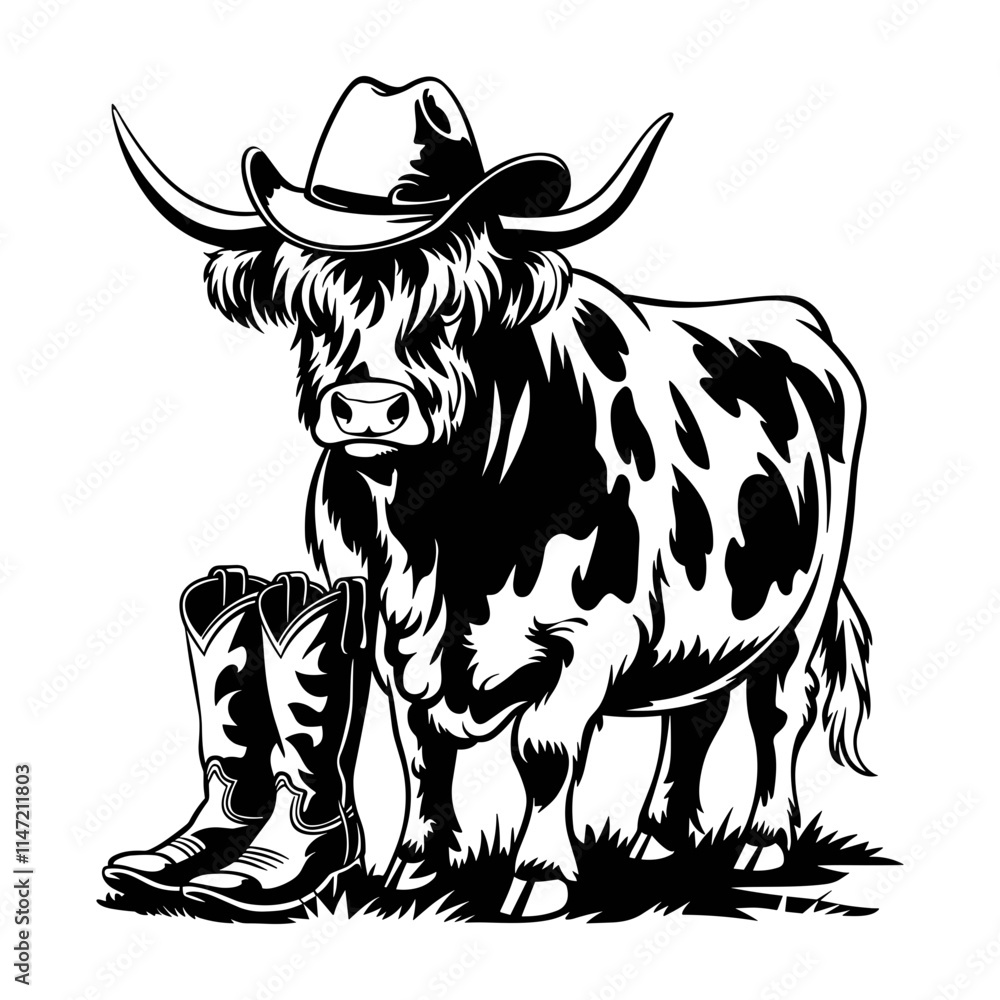 Fototapeta premium Highland Cow with Cowboy Boots Illustration
