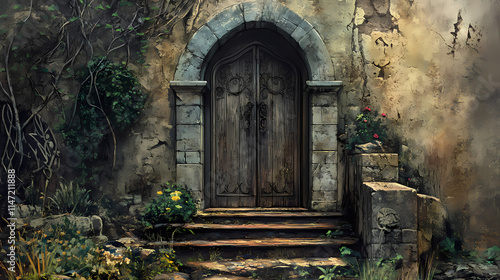 Time-worn walls whisper forgotten stories; crumbling doors guard ghostly interiors. Whisper. Illustration photo