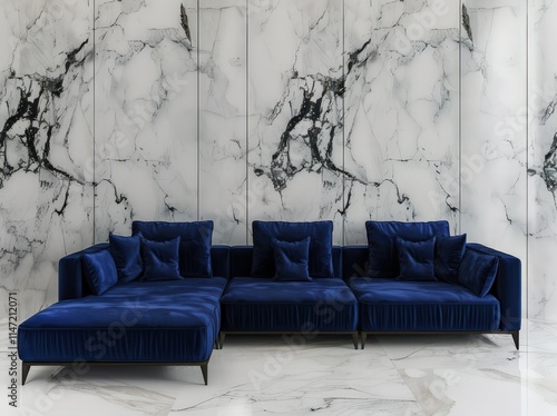 Blue velvet sectional sofa with black legs in a modern living room with white marble walls photo