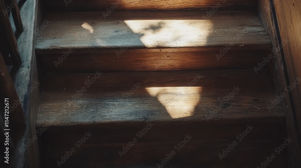 Sunbeams illuminate the wooden steps of an old staircase. Sunbeams illuminate the wooden steps of an old staircase.