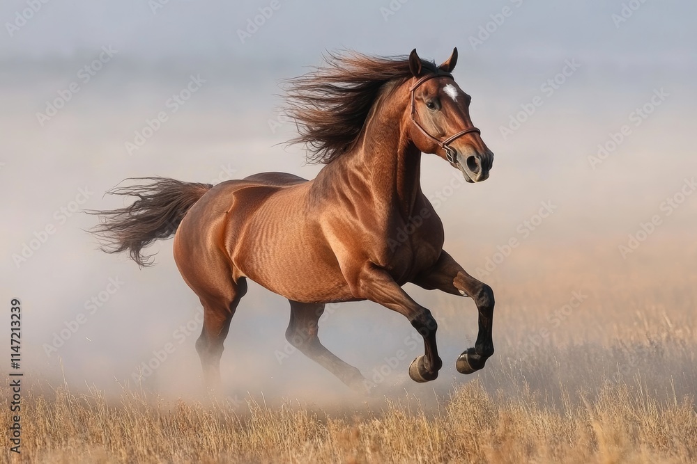 A powerful brown horse galloping through a misty field, showcasing grace and strength. A powerful brown horse galloping through a misty field, showcasing grace and strength.