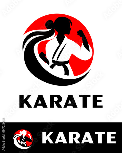 A dynamic karate logo design featuring a female martial artist silhouette in action with a red circular background