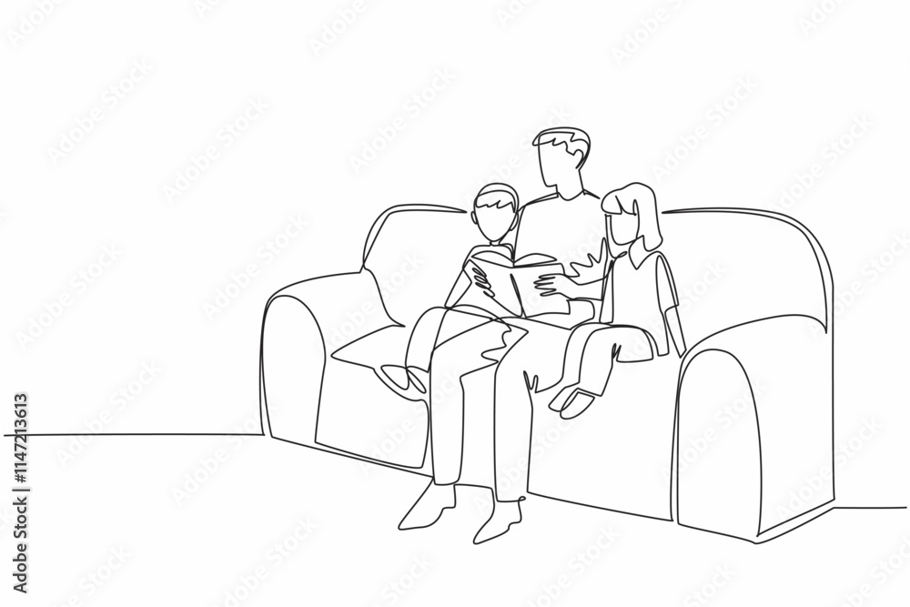 Single one line drawing father reading a book while hugging his daughter and son. Inspirational story of children. Good example. National Single Parent Day. Continuous line design graphic illustration Single one line drawing father reading a book while hugging his daughter and son. Inspirational story of children. Good example. National Single Parent Day. Continuous line design graphic illustration