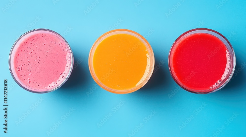 vibrant smoothie trio in shades of pink, orange, and red on blue vibrant smoothie trio in shades of pink, orange, and red on blue
