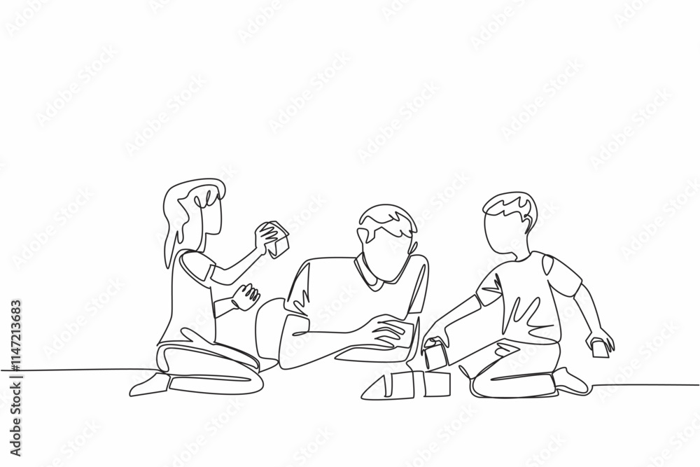 Single continuous line drawing father lying on the floor playing building blocks with his son and daughter. Play and learn balance. National Single Parent Day. One line design vector illustration Single continuous line drawing father lying on the floor playing building blocks with his son and daughter. Play and learn balance. National Single Parent Day. One line design vector illustration