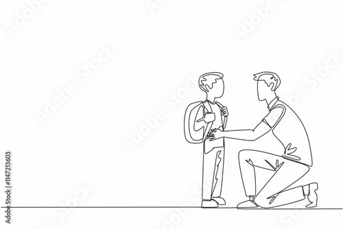 Continuous one line drawing father crouches hold son who is going to school. Advise. Give positive input to continue doing good. National Single Parent Day. Single line draw design vector illustration
