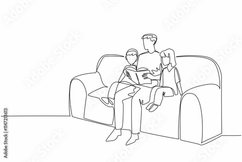 Single one line drawing father reading a book while hugging his daughter and son. Inspirational story of children. Good example. National Single Parent Day. Continuous line design graphic illustration