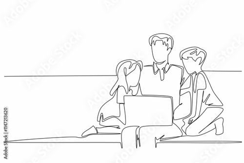 Single continuous line drawing father open laptop on sofa accompanied by son and daughter. Working from home. Parenting. Caring. Loving. National Single Parent Day. One line design vector illustration