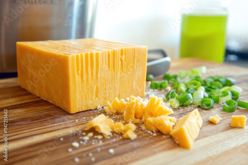 Cheddar cheese preparation kitchen food photography domestic setting close-up culinary art photo