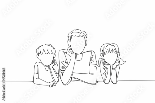 Continuous one line drawing father lying down holding his chin flanked by his son and daughter. Relax and joke around together. National Single Parent Day. Single line draw design vector illustration