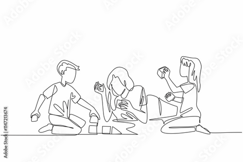 Single continuous line drawing mother lying on the floor playing building blocks with her daughter and son. Focus on caring. Cheerful. National Single Parent Day. One line design vector illustration