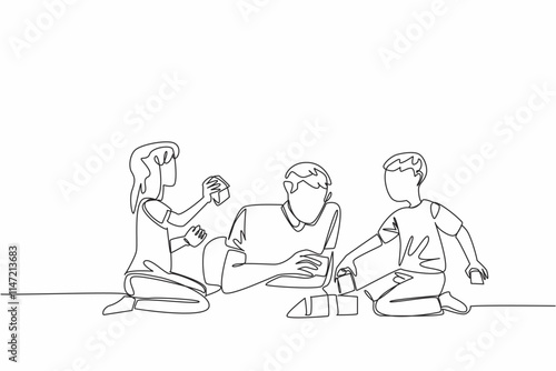 Single continuous line drawing father lying on the floor playing building blocks with his son and daughter. Play and learn balance. National Single Parent Day. One line design vector illustration