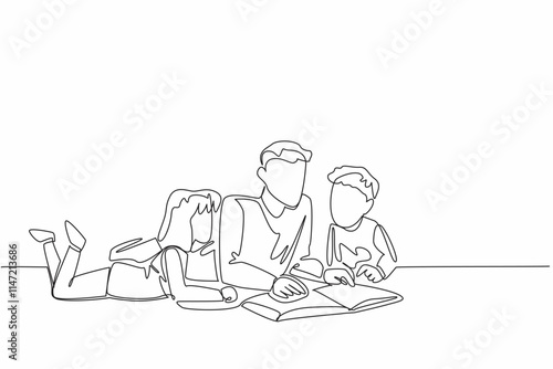 Single one line drawing father lying down reading book with son and daughter. Parenting by reading useful books. Taking wisdom. National Single Parent Day. Continuous line design graphic illustration