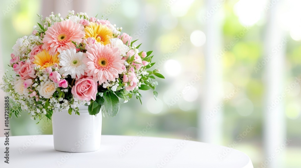 Fototapeta premium A beautiful bouquet of pink and yellow gerbera daisies with roses in a white vase on a table, set against a soft bokeh background.