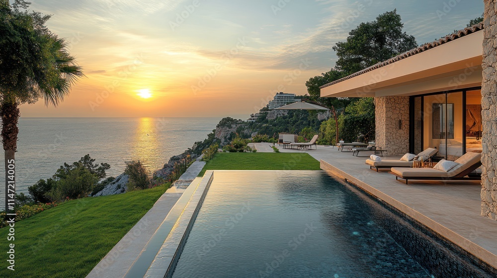 Fototapeta premium Sunset view from luxury villa with infinity pool.