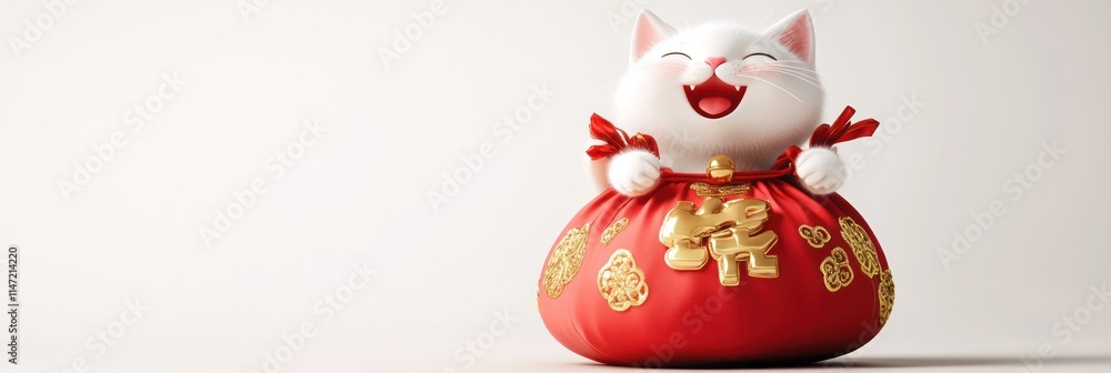 Happy White Cat Inside Red Lucky Money Bag Happy White Cat Inside Red Lucky Money Bag