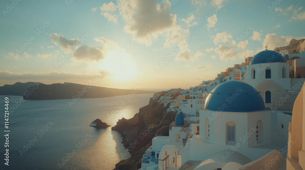 Obraz premium Santorini's Whitewashed Buildings and Blue Domes Overlooking the Aegean Sea at Sunset, Oia, Greece