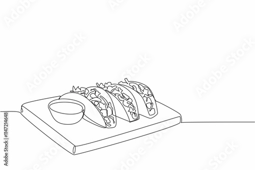 Continuous one line drawing three tacos on cutting board with a small bowl. Street food snack with restaurant-style presentation. National Crunchy Taco Day. Single line draw design vector illustration