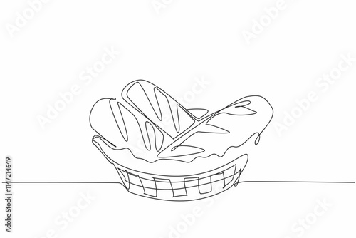 Single continuous line drawing three pieces of french bread in wicker basket lined with cloth. Pleasing presentation of baguette display. National French Bread Day. One line design vector illustration