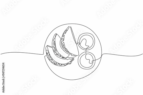 Continuous one line drawing three tacos served with two bowls of sauce on a round plate. Chili sauce. Mayonnaise. Addictive. National Crunchy Taco Day. Single line draw design vector illustration