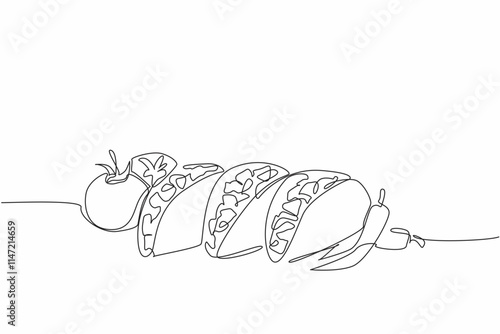Single continuous line drawing taco dish with tomato and chili garnish. A snack full of flavor. Contains protein. Healthy snacks. Tasty. National Crunchy Taco Day. One line design vector illustration