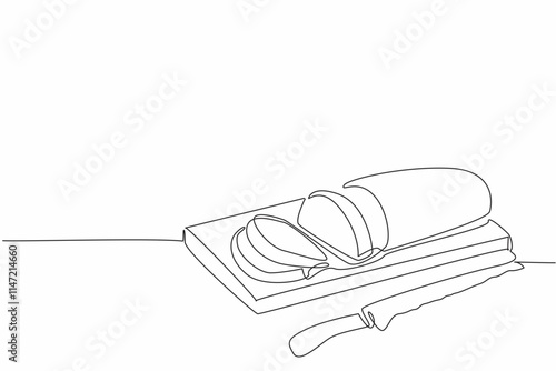 Single one line drawing French bread with the ends cut off on a cutting board. Chef prepares a baguette tester slice. Customer. National French Bread Day. Continuous line design graphic illustration