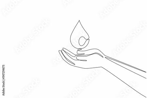 Single continuous line drawing palms catch the water droplets. Water drops mark the end of the dry season. Abundant water. Increase gratitude. World Water Day. One line design vector illustration