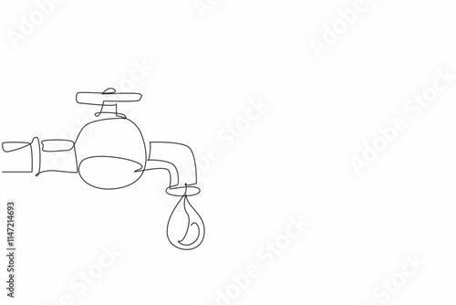 Single one line drawing water drop coming out of the water tap. Metaphor. Lifestyle threatens the world to be hit by drought. Save water. World Water Day. Continuous line design graphic illustration