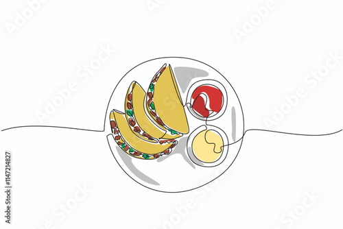 Continuous one line drawing three tacos served with two bowls of sauce on a round plate. Chili sauce. Mayonnaise. Addictive. National Crunchy Taco Day. Single line draw design vector illustration