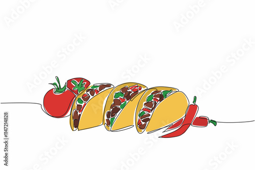 Single continuous line drawing taco dish with tomato and chili garnish. A snack full of flavor. Contains protein. Healthy snacks. Tasty. National Crunchy Taco Day. One line design vector illustration