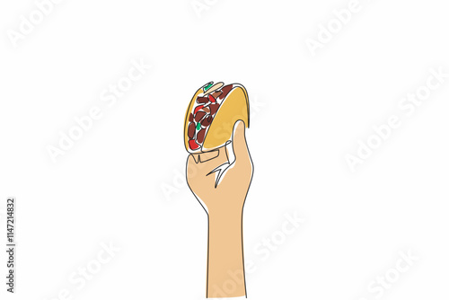 Single one line drawing hand holding a delicious taco from below. Crispy. Perfect blend of filling and tortilla. Cheesy. Tasty. National Crunchy Taco Day. Continuous line design graphic illustration