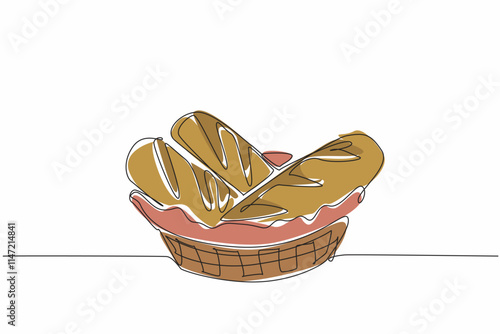 Single continuous line drawing three pieces of french bread in wicker basket lined with cloth. Pleasing presentation of baguette display. National French Bread Day. One line design vector illustration