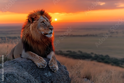 A majestic lion rests on a rock, overlooking the savanna at sunset. photo