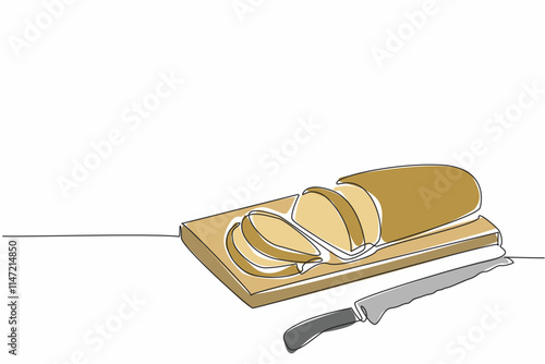 Single one line drawing French bread with the ends cut off on a cutting board. Chef prepares a baguette tester slice. Customer. National French Bread Day. Continuous line design graphic illustration