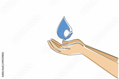 Single continuous line drawing palms catch the water droplets. Water drops mark the end of the dry season. Abundant water. Increase gratitude. World Water Day. One line design vector illustration