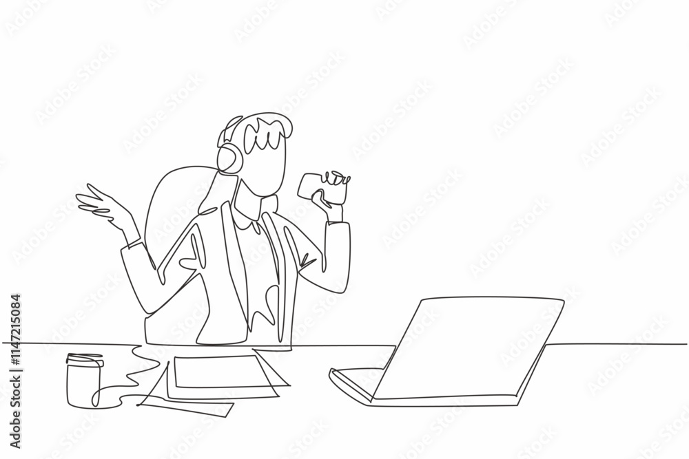 Continuous one line drawing young businesswoman sitting on a chair wearing headphones. Lazing around singing karaoke in the office. National Goof Off Day. Single line draw design vector illustration Continuous one line drawing young businesswoman sitting on a chair wearing headphones. Lazing around singing karaoke in the office. National Goof Off Day. Single line draw design vector illustration