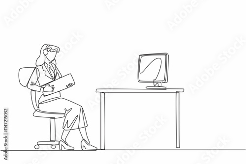 Continuous one line drawing businesswoman wearing headphones and using keyboard as guitar. Take advantage of the time to laze around. National Goof Off Day. Single line draw design vector illustration