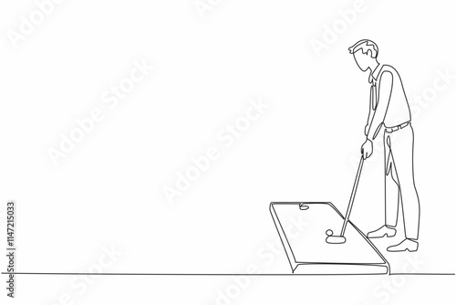 Continuous one line drawing businessman in tie playing mini golf in room. Work can be done later. Today is a play day at the office. National Goof Off Day. Single line draw design vector illustration