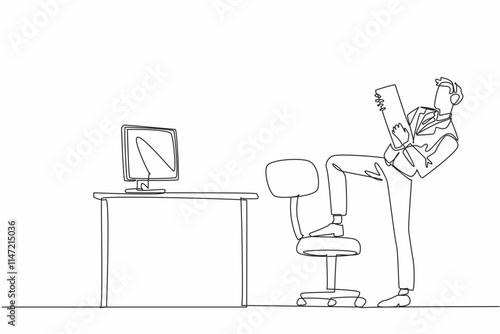 Single continuous line drawing businessman wearing headphones and using keyboard like guitar. Hidden desires. Prioritize hobbies, not work. National Goof Off Day. One line design vector illustration