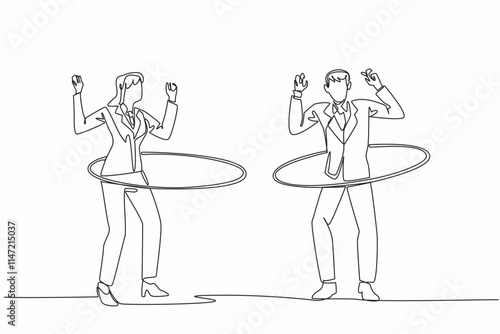 Single one line drawing businessman and businesswoman playing hula hoop. Ignore the piling work. Laze around playing in the office. National Goof Off Day. Continuous line design graphic illustration