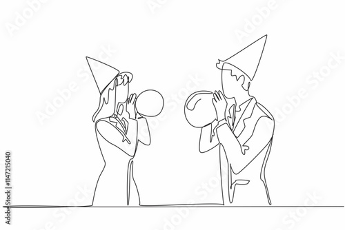 Single one line drawing businessman and businesswoman wearing party hats blowing up balloons. Top priority is celebration, not work. National Goof Off Day. Continuous line design graphic illustration