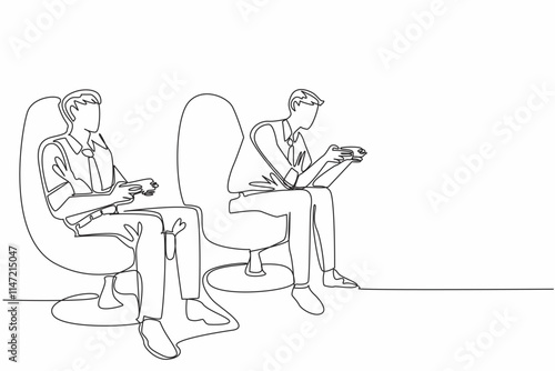 Single continuous line drawing two business men holding wireless game console sticks. Playing football games at the office. Lazy day at work. National Goof Off Day. One line design vector illustration