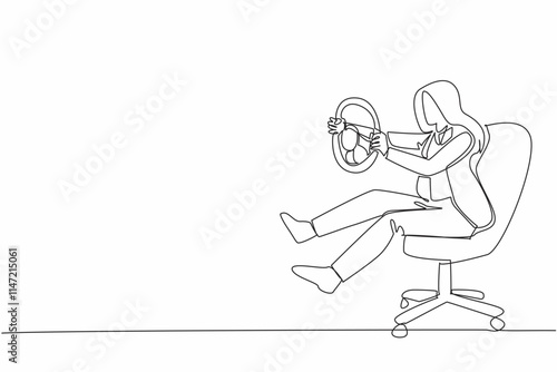 Single one line drawing businesswoman sit on chair playing with car steering wheel. Holiday alone. Very lazy to activities in office. National Goof Off Day. Continuous line design graphic illustration