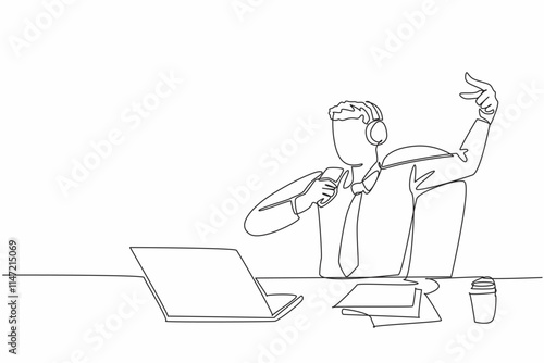Single continuous line drawing businessman sitting on chair wearing headphones. Lazing around. Singing happily. Channeling hobbies. Exciting. National Goof Off Day. One line design vector illustration
