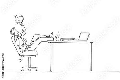 Single continuous line drawing businessman sitting back lazily holding basketball. Don't care about the amount of work. Exercising. Playing. National Goof Off Day. One line design vector illustration