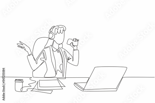 Continuous one line drawing young businesswoman sitting on a chair wearing headphones. Lazing around singing karaoke in the office. National Goof Off Day. Single line draw design vector illustration