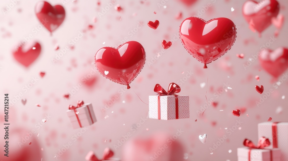Celebrating love heart balloons rise with gifts dreamy atmosphere enchanting event romantic setting Celebrating love heart balloons rise with gifts dreamy atmosphere enchanting event romantic setting