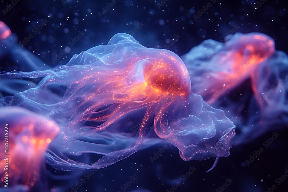 Glowing jellyfish gracefully float in the deep blue sea. Glowing jellyfish gracefully float in the deep blue sea.